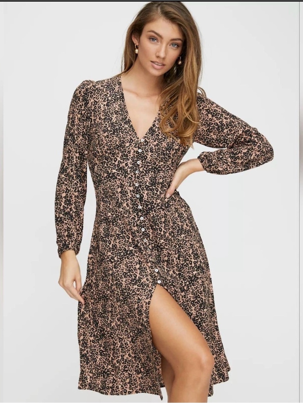 Leopard Print Long Sleeve Button-Front Midi Dress - Taupe/Black